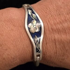 Vtg Taxco Mexico Sterling Silver Abalone Inlay Hinged Cuff Bracelet